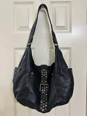 Patricia Nash Black Leather Studded Hobo Shoulder Bag